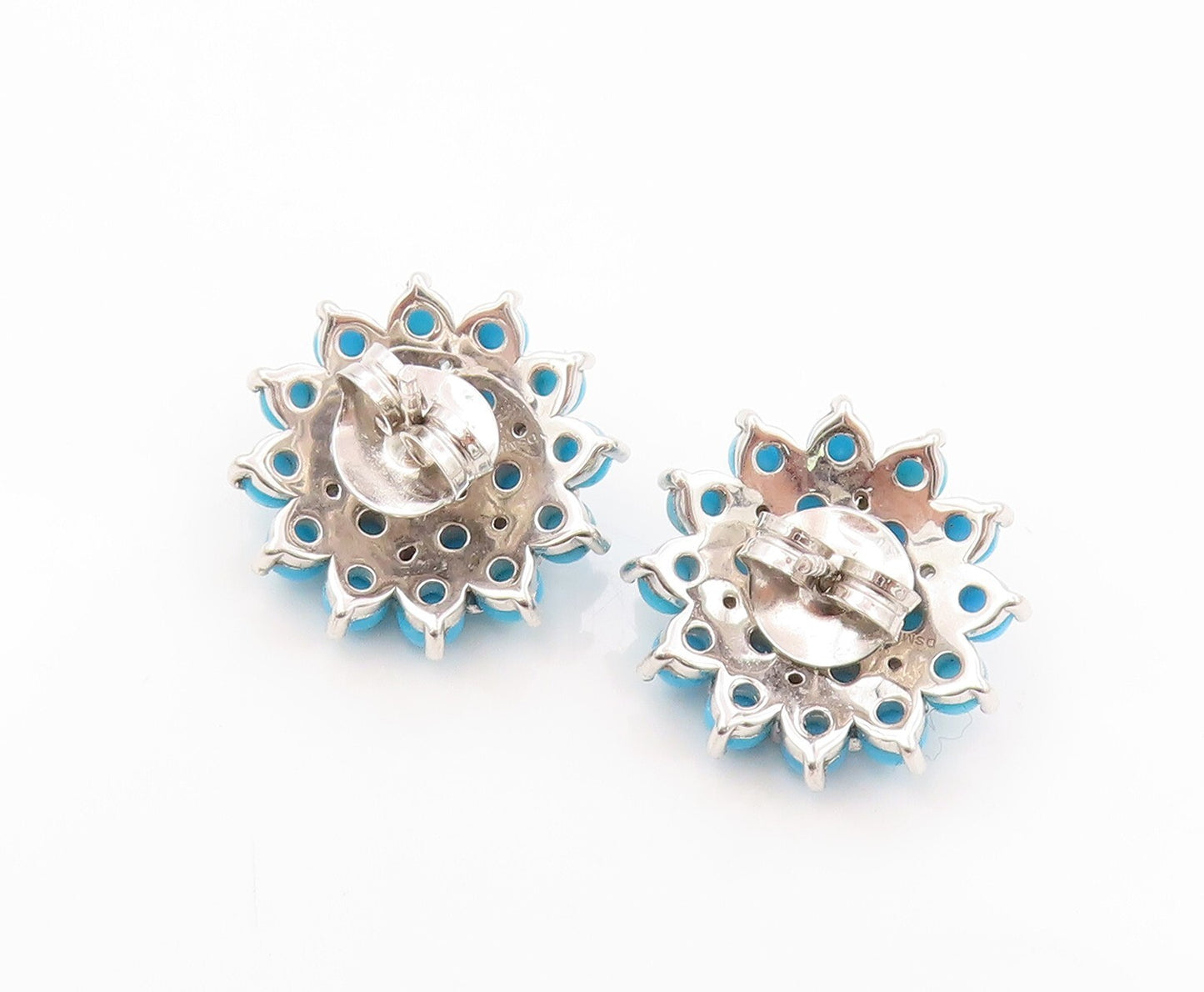 925 Sterling Silver Vintage Earrings Cabochon Larimar & CZ Flower  EG13389