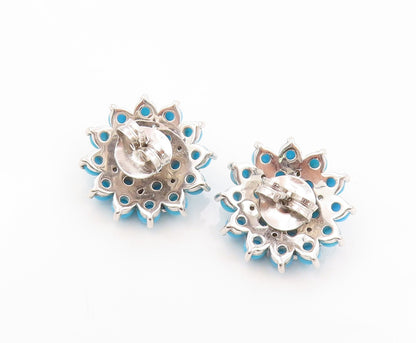 925 Sterling Silver Vintage Earrings Cabochon Larimar & CZ Flower  EG13389