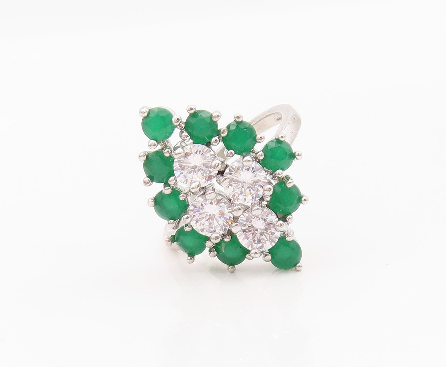 925 Sterling Silver Vintage Ring Modernist Round Cut CZ & Jade  Sz 8  RG33042