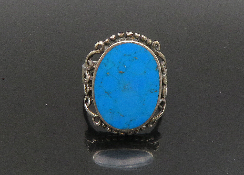 925 Silver  Vintage Turquoise Pretzel Swirl Detail Cocktail Ring Sz 7  RG23581