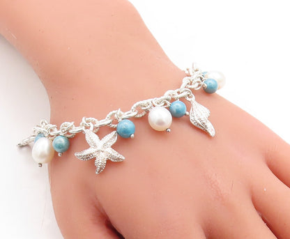 925 Sterling Silver  Pearl Beads Sea Charmed Twist Link Chain Bracelet  BT1725