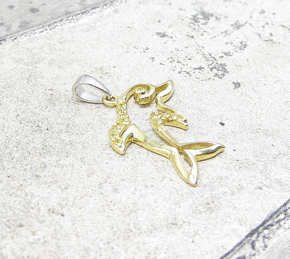 Gold Over 925 Sterling Silver Cubic Zirconia Dolphin Drop Pendant PT1361