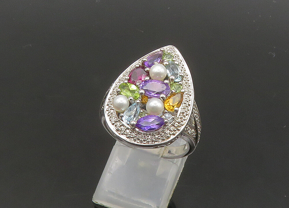 925 Silver Vintage Pearls & Peridot Multi Stone Cocktail Ring Sz 8 RG20942