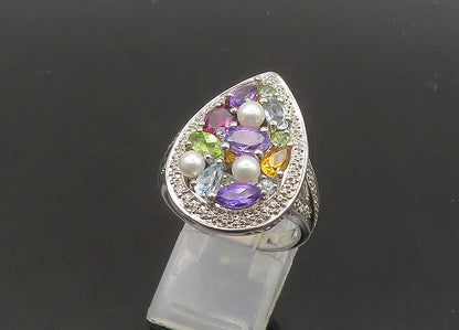 925 Silver Vintage Pearls & Peridot Multi Stone Cocktail Ring Sz 8 RG20942