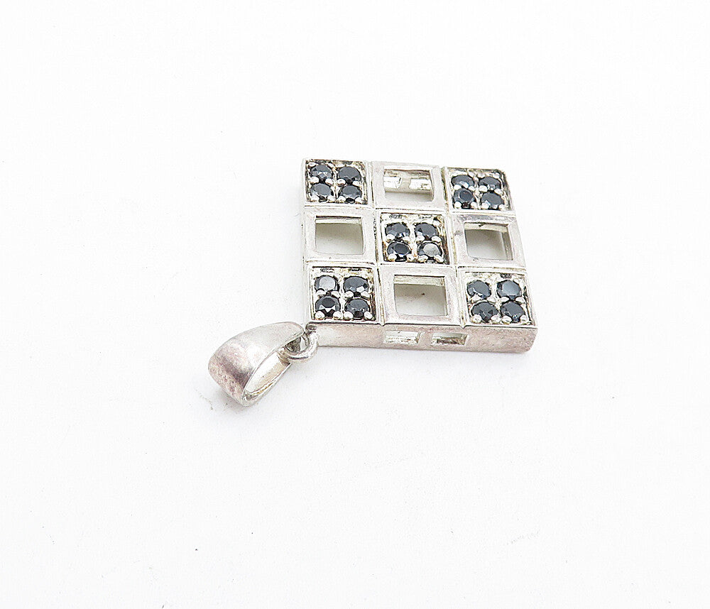 925 Sterling Silver  Vintage Black Hematite Square Grid Design Pendant  PT4588
