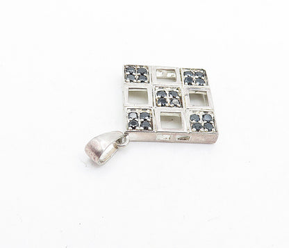 925 Sterling Silver  Vintage Black Hematite Square Grid Design Pendant  PT4588