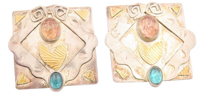 22k Gold & 925 Sterling Silver Vintage Earrings Gemstone Designer Studs  EG14060