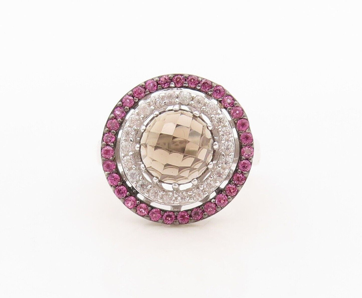 925 Sterling Silver Vintage Ring Smoky Quartz Halo 2 Tone Topaz  Sz 7  RG29992