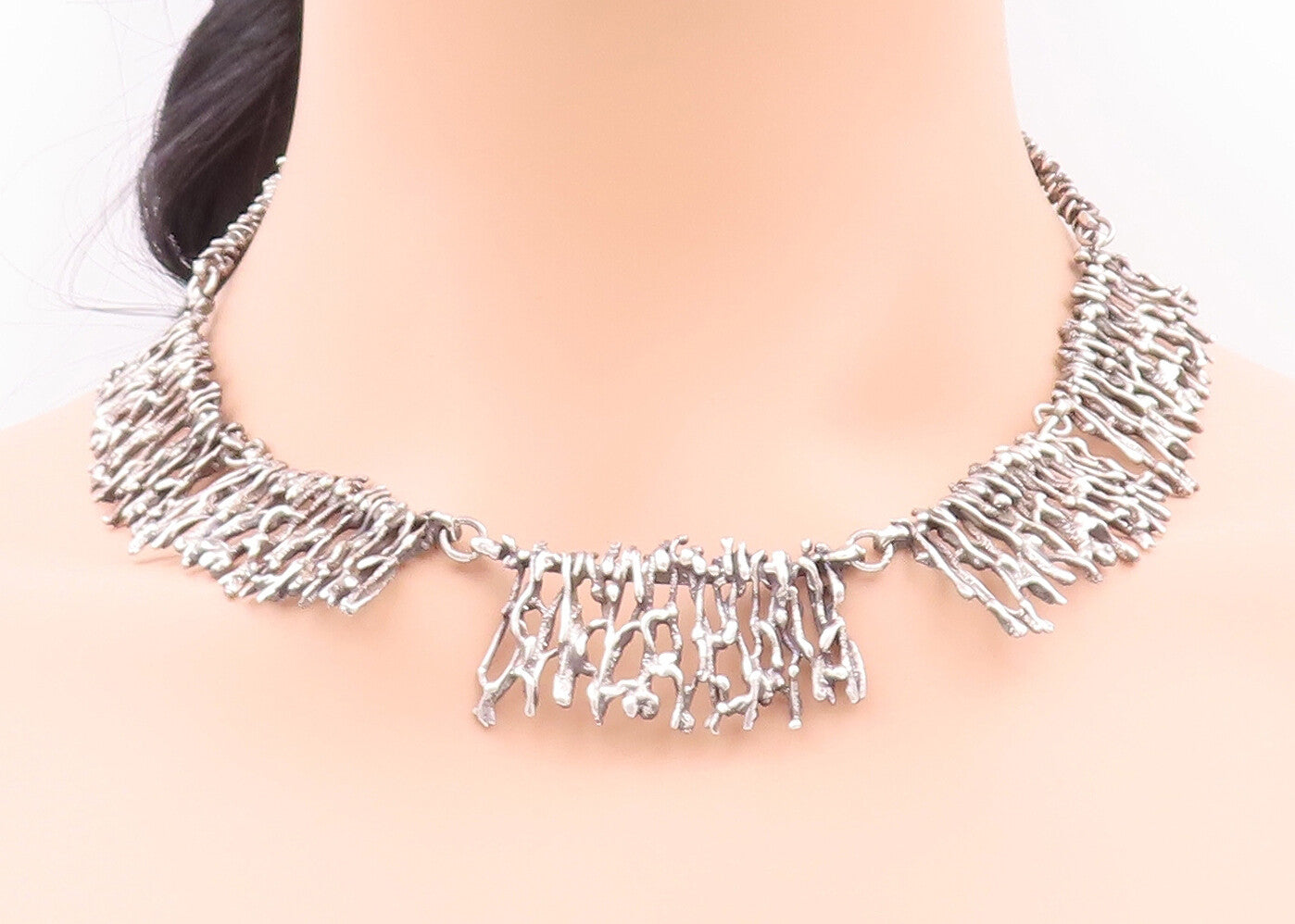 925 Sterling Silver Vintage Necklace Brutalist Tree Branch Carved  NE4267