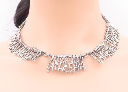 925 Sterling Silver Vintage Necklace Brutalist Tree Branch Carved  NE4267