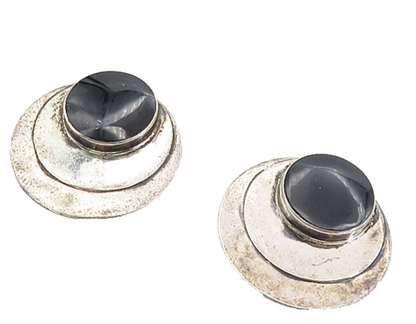 925 Sterling Silver  Vintage Inlaid Black Onyx Round Drop Earrings  EG4556