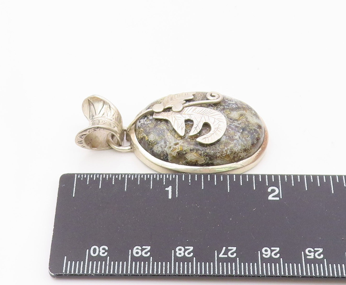 925 Sterling Silver  Vintage Cabochon Cut Jasper Floral Leaf Pendant  PT7915