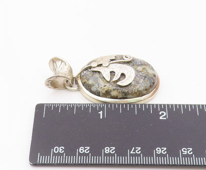 925 Sterling Silver  Vintage Cabochon Cut Jasper Floral Leaf Pendant  PT7915