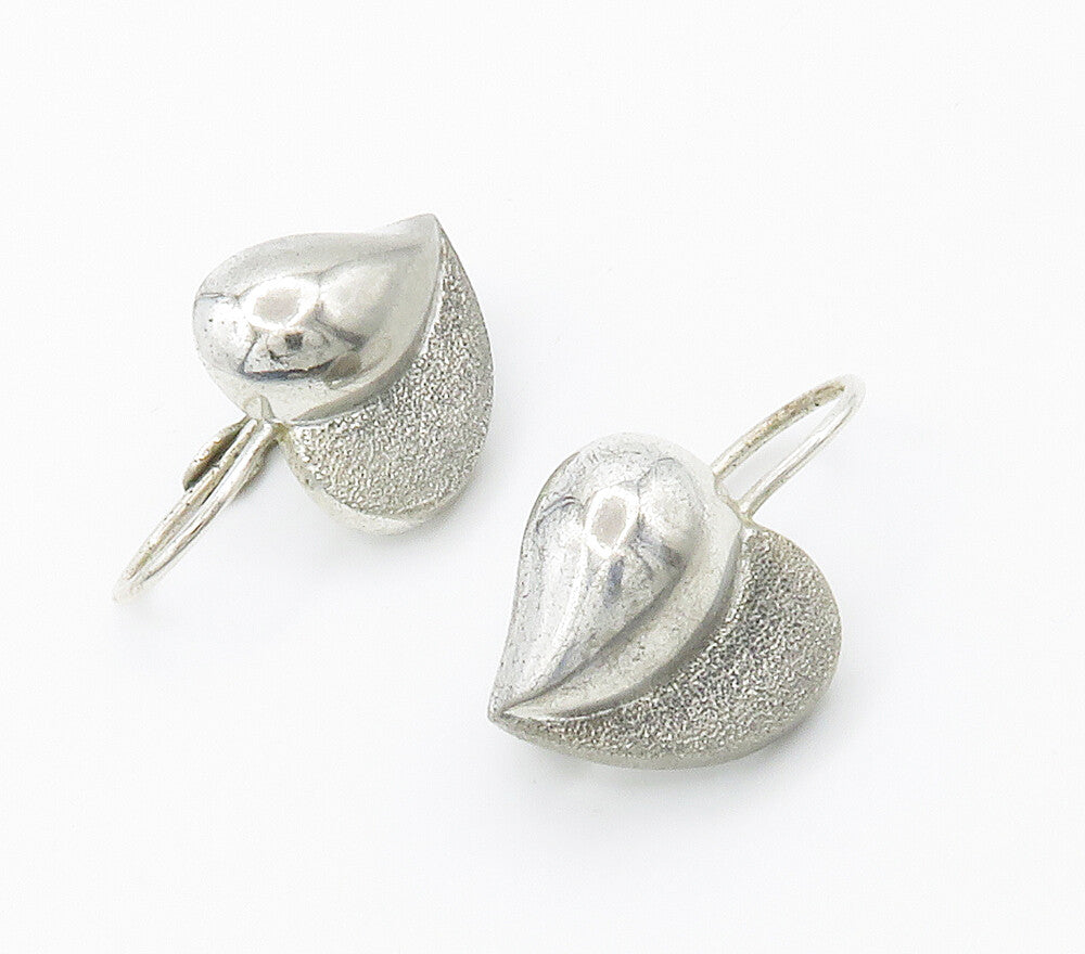 925 Sterling Silver  Vintage  Shiny Frosted Love Heart Drop Earrings  EG7610