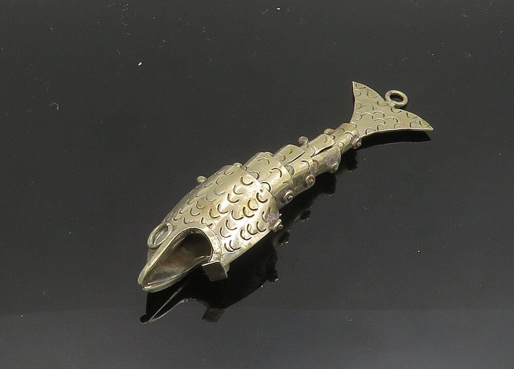 925 Sterling Silver  Vintage Shiny Etched Fish Motif Pendant (MOVES)  PT15811