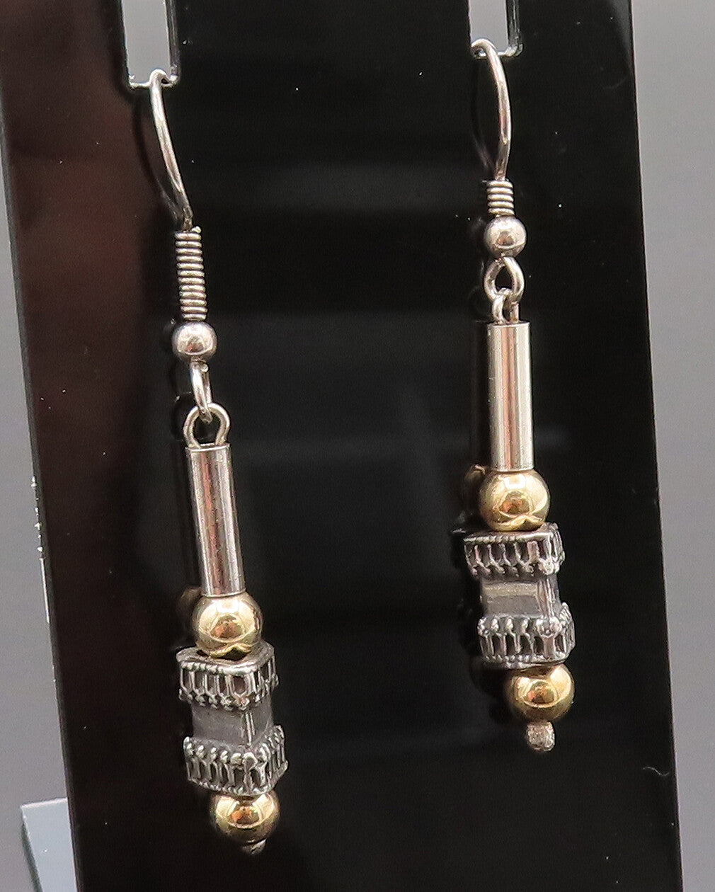 925 Silver  Vintage Two Tone Beads Bar & Cubed Triangle Earrings  EG12360