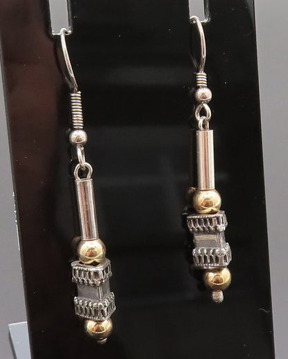 925 Silver  Vintage Two Tone Beads Bar & Cubed Triangle Earrings  EG12360
