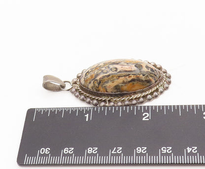 925 Sterling Silver Vintage Pendant MEXICO Oval Jasper Halo Beaded Roped PT22433