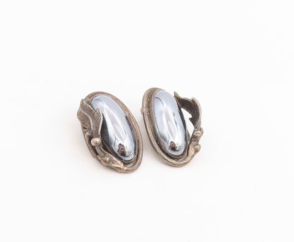 925 Sterling Silver Vintage Earrings Hematite Carved Leaf Motif Clip On  EG14102