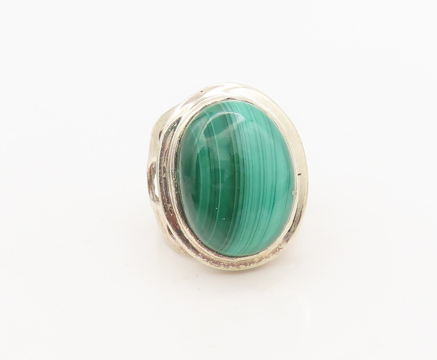925 Sterling Silver  Vintage Brutalist Band Malachite Solid Ring Sz 6  RG27406