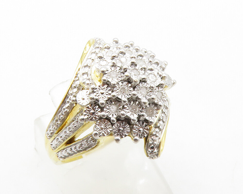 925 Silver  Genuine Diamonds Cluster Two Tone Cocktail Ring Sz 7  RG13385