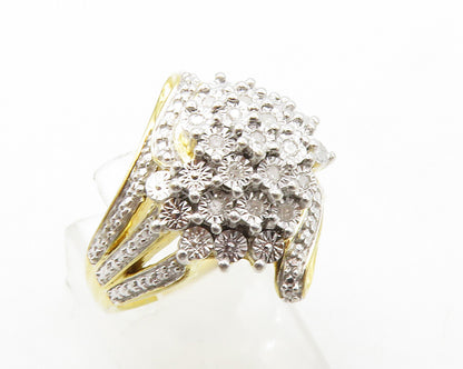 925 Silver  Genuine Diamonds Cluster Two Tone Cocktail Ring Sz 7  RG13385