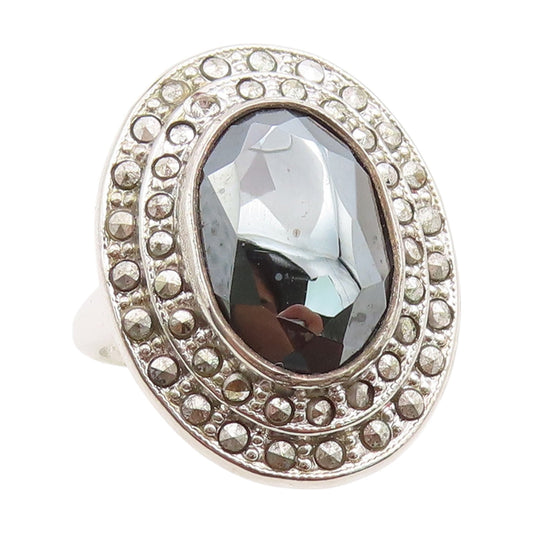 925 Sterling Silver Vintage Ring Faceted Hematite Halo Marcasite  Sz 5  RG34225