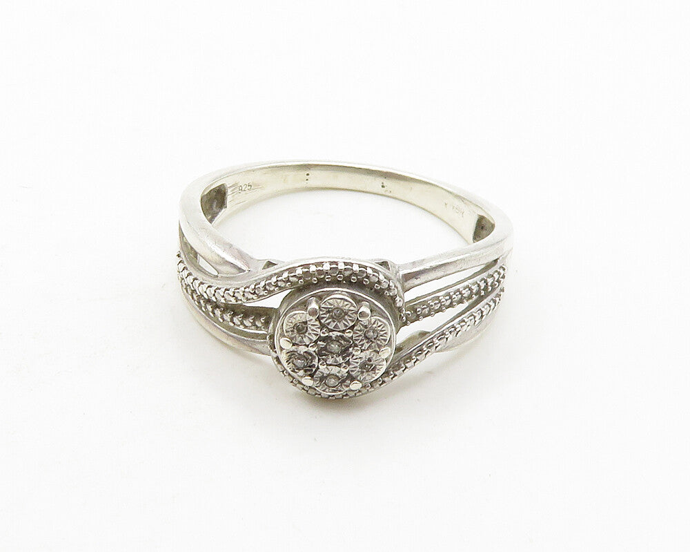 925 Sterling Silver  Vintage Genuine Diamonds Floral Band Ring Sz 9  RG19741