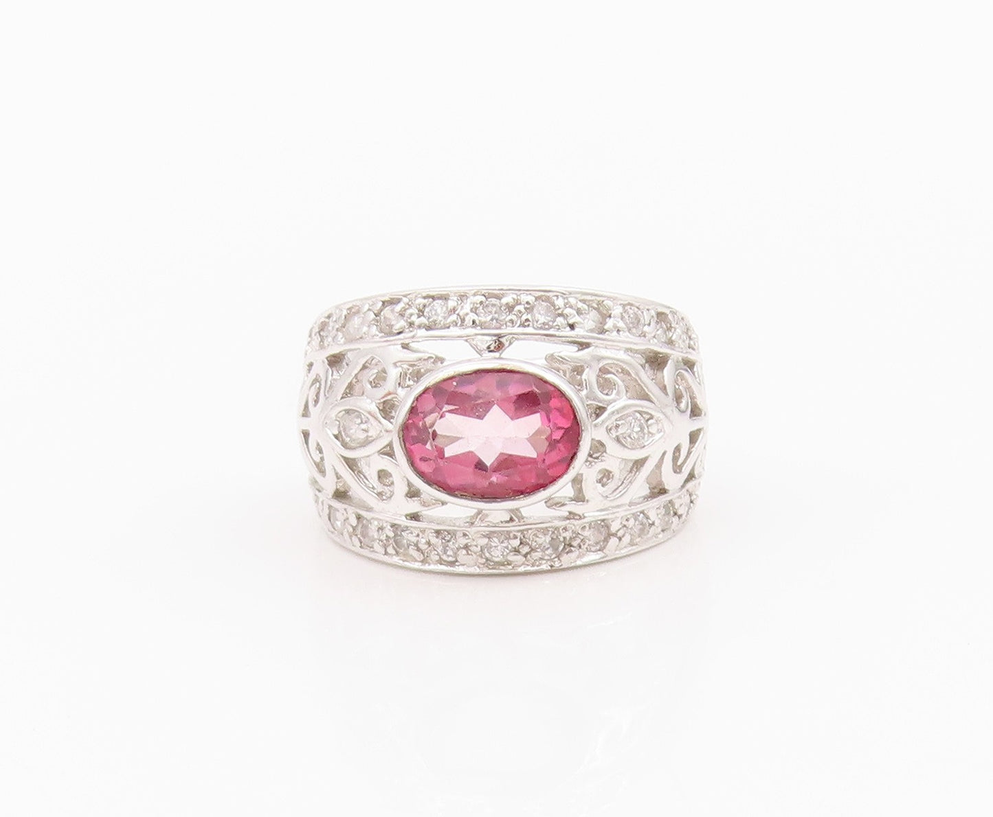 925 Sterling Silver Vintage Ring Designer 2 Tone CZ Swirls Cutout  Sz 5  RG33086
