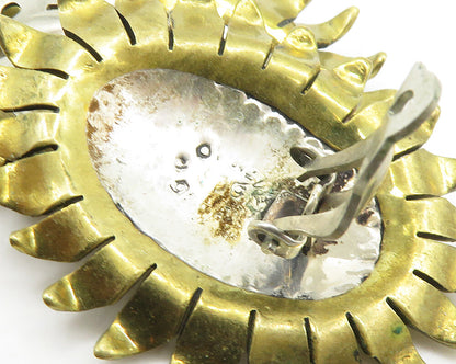 MEXICO 925 Silver  Vintage 2 Tone Sunflower Motif Non Pierce Earrings  EG9199