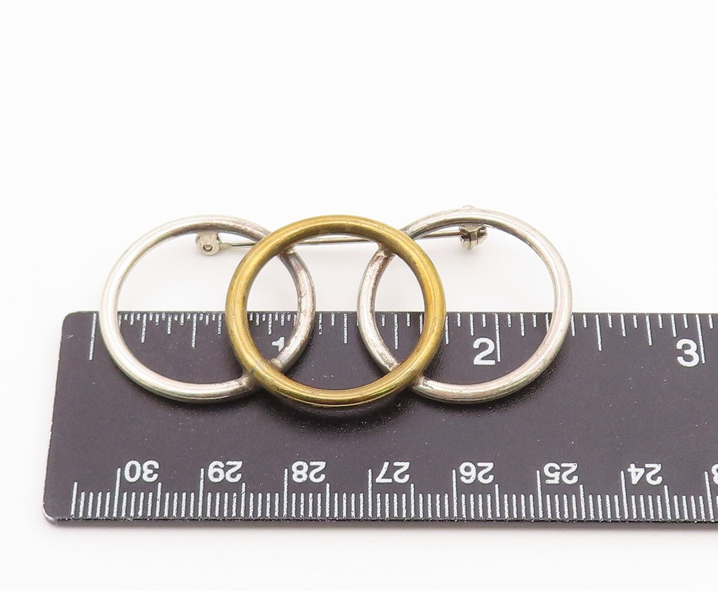 925 Silver  Vintage Two Tone Overlapping Open Circles Brooch Pin  BP9703