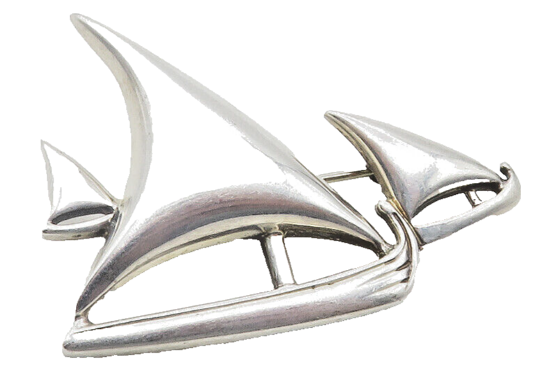925 Sterling Silver  Vintage Shiny Smooth Sail Boat Motif Brooch Pin  BP4365