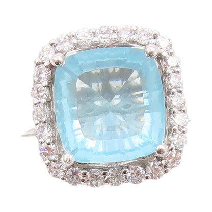 925 Sterling Silver Vintage Ring Square Cut Blue Topaz Halo CZ  Sz 7.5  RG32490