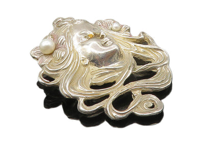 925 Sterling Silver  Vintage Modernist Pearls Woman's Face Pendant  PT7497