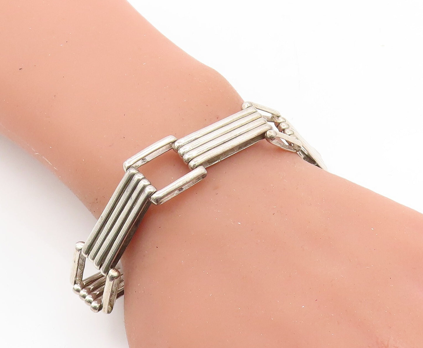 MEXICO 925 Sterling Silver  Vintage Fluted Bar Link Chain Bracelet  BT2809