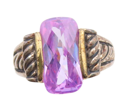925 Sterling Silver Vintage Ring Rectangle Cut Amethyst Roped  Sz 8  RG33198