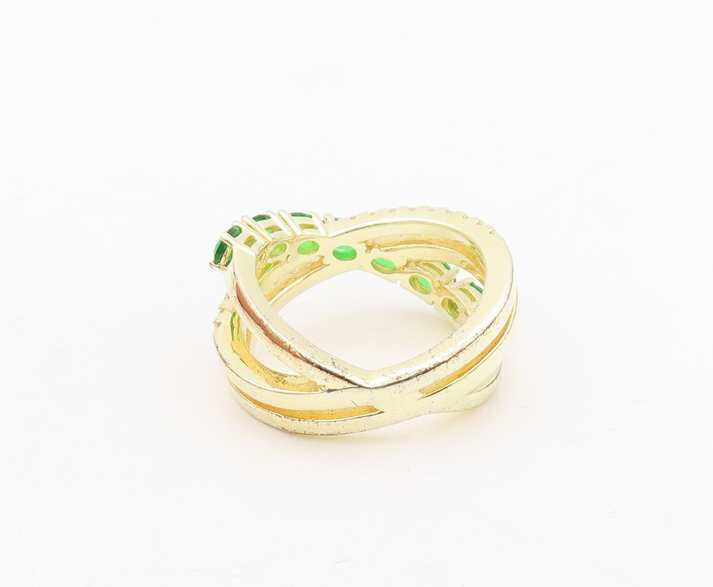 925 Sterling Silver Vintage Ring Gold Plated Green & White CZ  Sz 6.5 RG30478