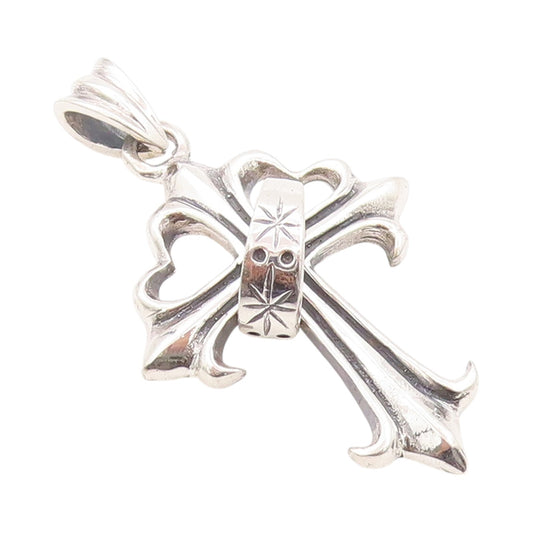 925 Sterling Silver Vintage Pendant Etched Religious Cross With Ring  PT24014