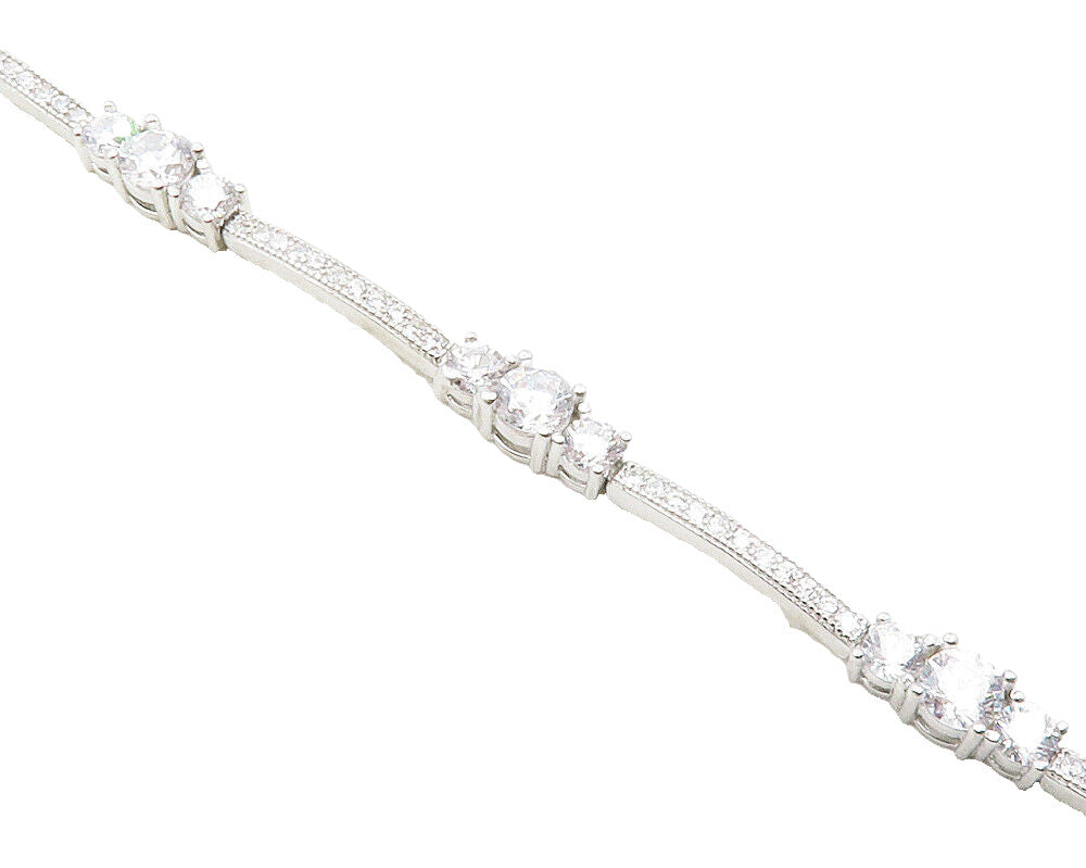 925 Sterling Silver  Sparkling Cubic Zirconia Bar Link Chain Bracelet  BT4843