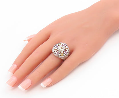 925 Sterling Silver Vintage Ring Amethyst & Citrine Floral Band  Sz 8.5  RG36069