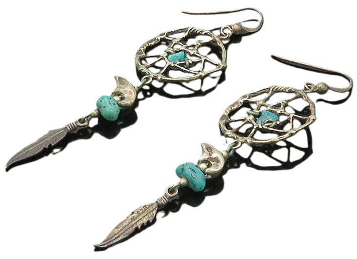 NAVAJO 925 Silver  Vintage Turquoise Dream Catcher Dangle Earrings  EG10366