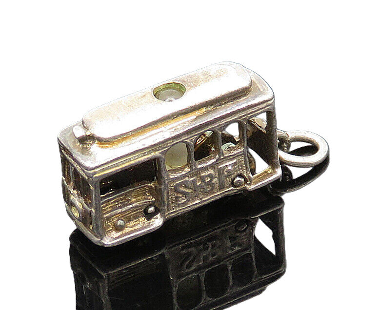 925 Sterling Silver  Vintage Dark Tone Trolley Car Pendant (MOVES)  PT16392