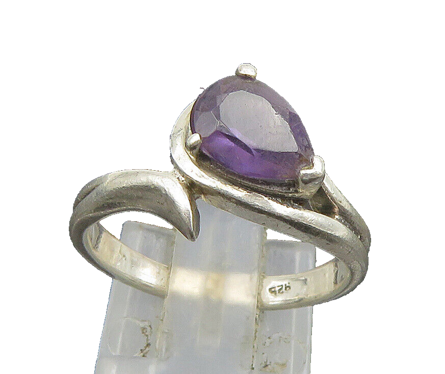 925 Sterling Silver  Vintage Pear Shaped Amethyst Bypass Ring Sz 7  RG25154
