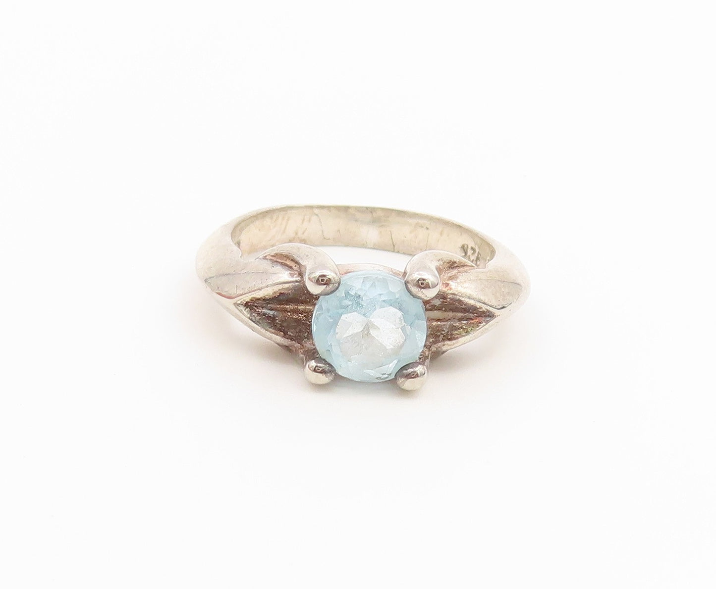 925 Sterling Silver Vintage Ring Modernist Aquamarine Leaf Band  Sz 6  RG36786