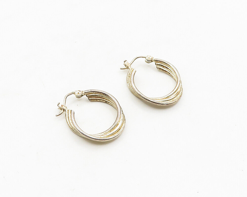 925 Sterling Silver  Vintage Shiny Fluted Round Hoop Earrings  EG9549