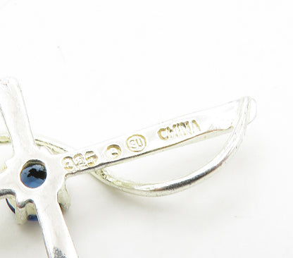 925 Sterling Silver   Blue Topaz Shiny Petite Religious Cross Pendant  PT12767