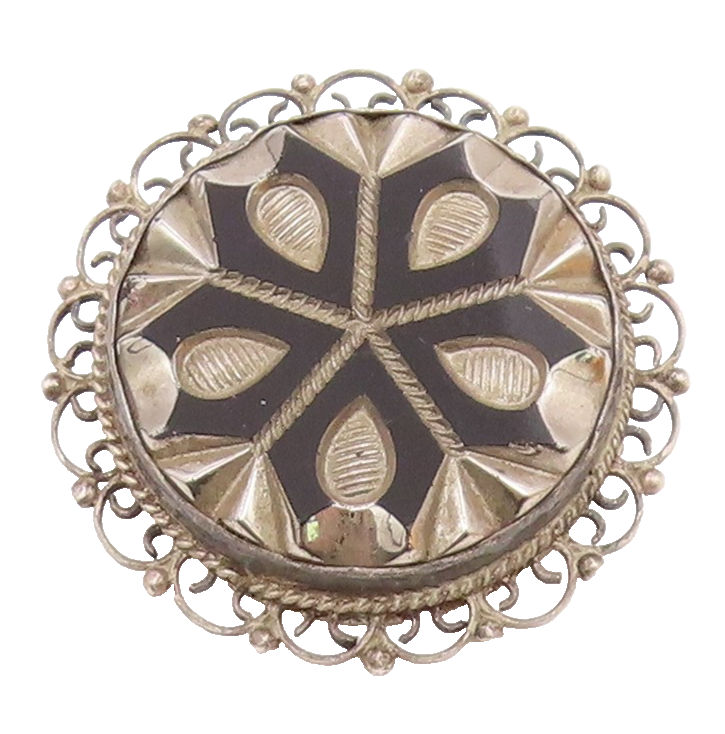 MEXICO 925 Sterling Silver  Vintage Black Onyx Floral Design Brooch Pin BP5673