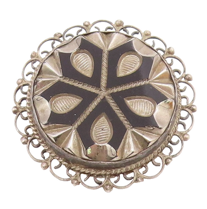 MEXICO 925 Sterling Silver  Vintage Black Onyx Floral Design Brooch Pin BP5673
