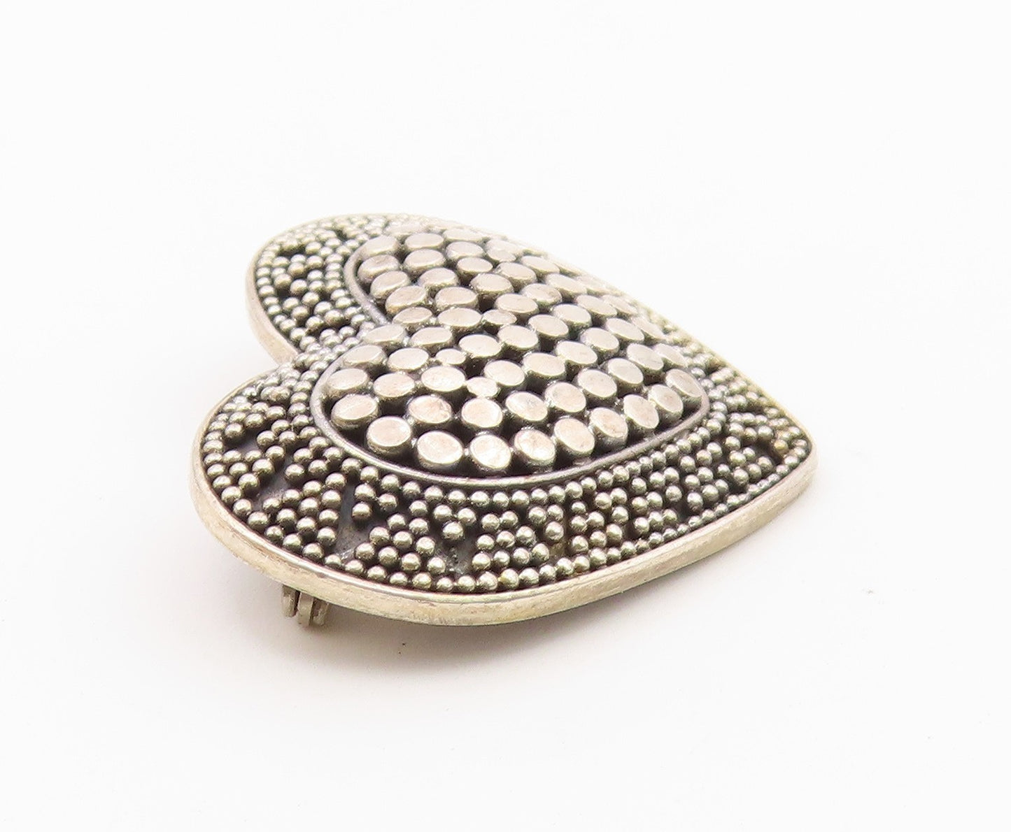 925 Sterling Silver  Vintage Shiny Circle Pattern Heart Brooch Pin  BP8378