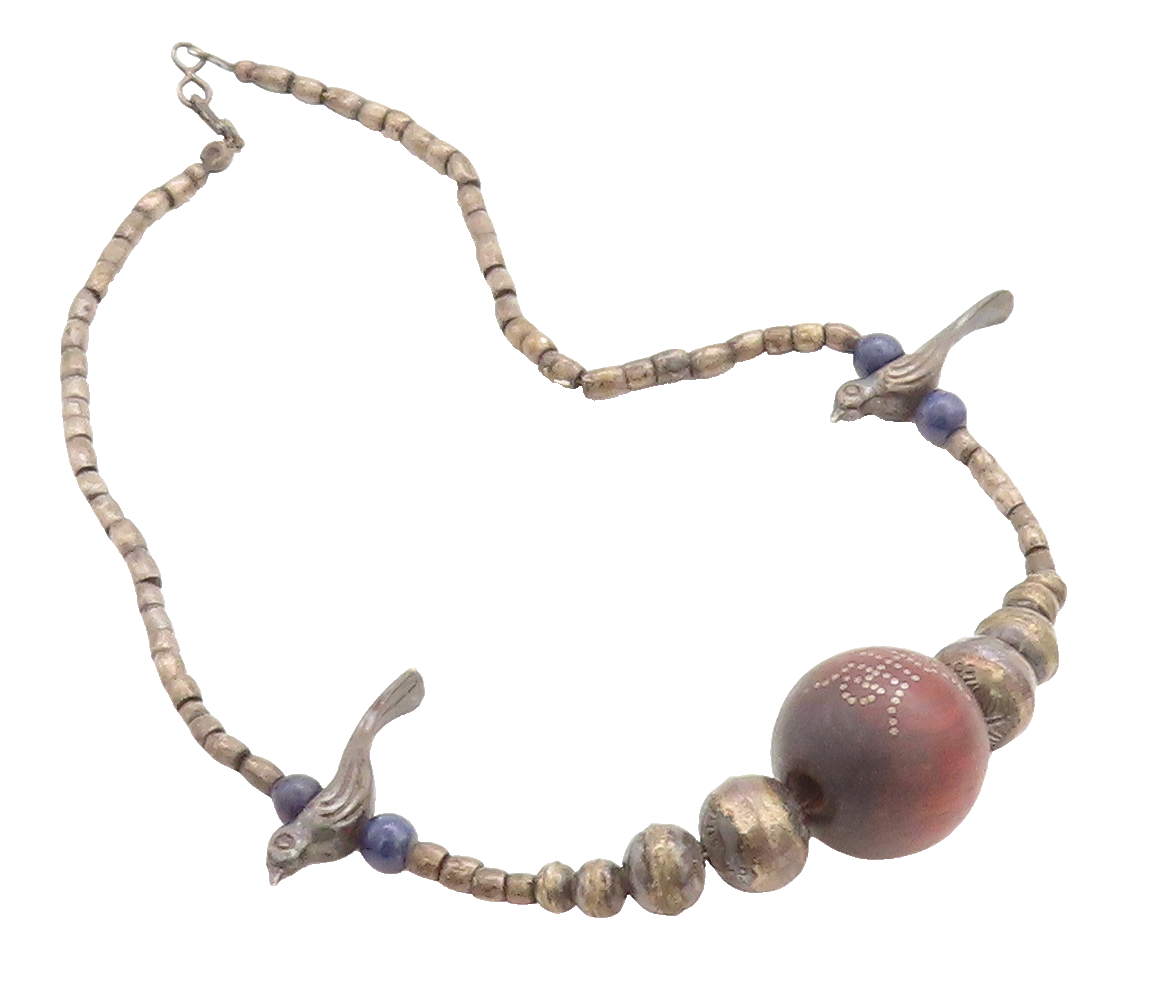 925 Sterling Silver Vintage Sodalite Bird Beaded Chain Necklace NE1421